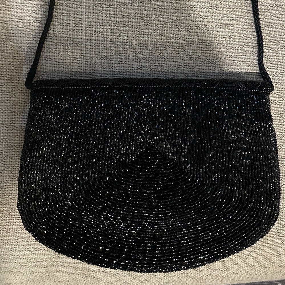 ADG Vintage Look Black Beaded Clutch Shoulder Bag Evening 1920s Flapper Gatsby‎ - Picture 7 of 7
